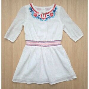 Janie & Jack Girls 4 White Gauze Cotton Lightweight 3/4 Sleeve Dress Embroidered
